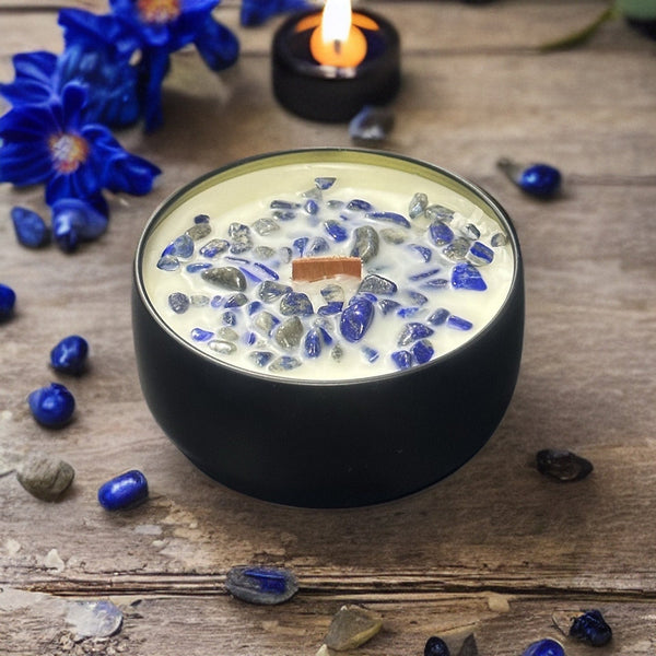 Intuition Crystal Intention Candle Lapis Lazuli Frankincense and Myrrh Wooden Wick
