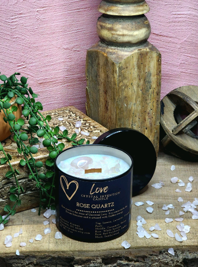 Love (Rose Patchouli and Amber) Rose Quartz Crystal Healing Candle