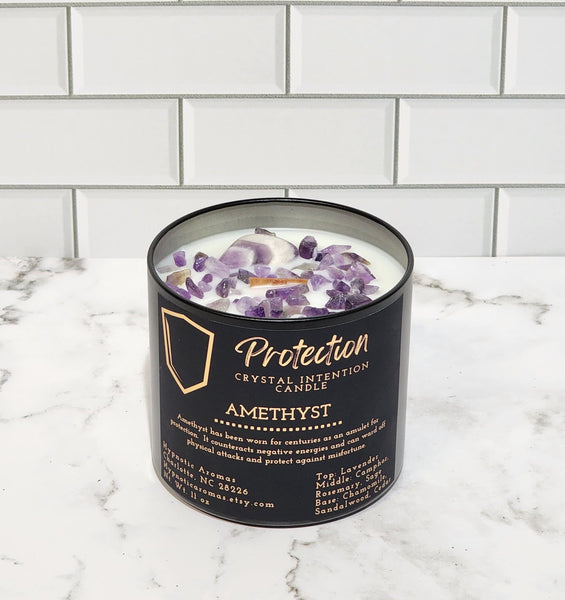 Protection Crystal Intention Candle Amethyst Lavender sage Wooden wick