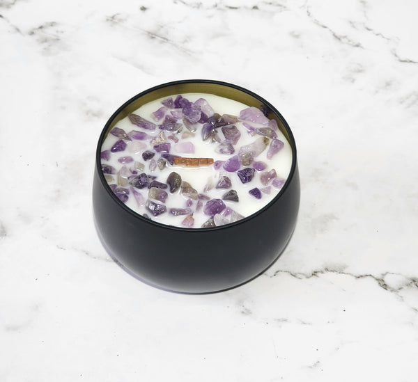 Protection Crystal Intention Candle Amethyst Lavender sage Wooden wick