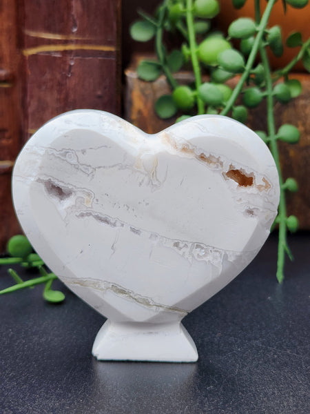 White Plume Agate Carved Standing Heart