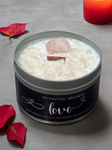 Love (Rose Patchouli and Amber)  Rose Quartz Crystal Healing Candle