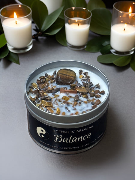 Balance Crystal Intention Candle Tiger's eye Citrus Pine Wooden wick